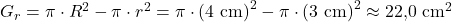 G_r = \pi \cdot R^2 - \pi \cdot r^2 = \pi \cdot \left(4~\text{cm}\right)^2 - \pi \cdot \left(3~\text{cm}\right)^2 \approx 22{,}0~\text{cm}^2