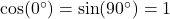 \cos(0^\circ) = \sin(90^\circ) =1