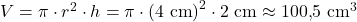 V = \pi \cdot r^2 \cdot h = \pi \cdot \left(4~\text{cm}\right)^2 \cdot 2~\text{cm} \approx 100{,}5~\text{cm}^3