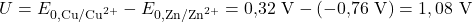 U = E_{0,\text{Cu}/\text{Cu}^{2+}} - E_{0,\text{Zn}/\text{Zn}^{2+}} = 0{,}32~\text{V} - (-0{,}76~\text{V}) = 1,08~\text{V}