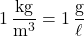 1\,\dfrac{\text{kg}}{\text{m}^{3}} = 1\,\dfrac{\text{g}}{\ell}