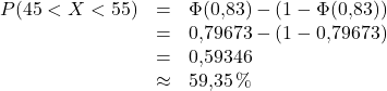 \begin{array}{rcl} P(45 < X < 55) & = & \Phi(0,\!83) - (1 - \Phi(0,\!83)) \\ & = & 0,\!79673 - (1 - 0,\!79673) \\ & = & 0,\!59346 \\ & \approx & 59,\!35\,\% \\ \end{array}