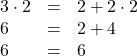 \begin{array}{lll} 3 \cdot 2& =&2+2 \cdot 2\\ 6&=&2+4\\ 6&=&6 \end{array}